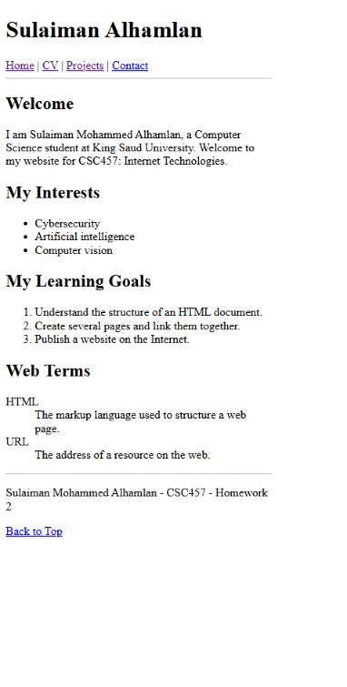My HTML homepage showing an introduction, interests, and learning goals